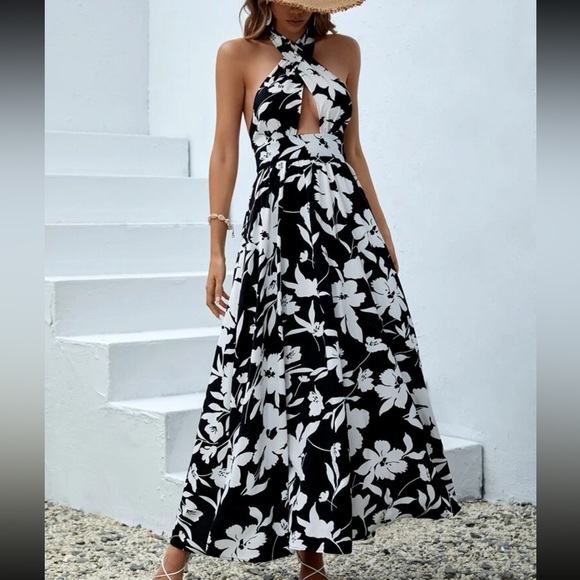 Boho Tropical Floral Print Criss Cross Back Tie Backless Halter Dress Black - Picture 5 of 6
